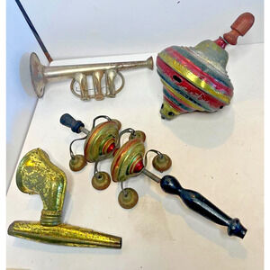 Lot of Antique Tin Litho Music Toys - Top, Chime Noisemaker, Kazoo, Horn